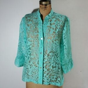 Sapphire Star Size L Button Down Blouse Turquoise Green Leopard sheer 3/4 sleeve